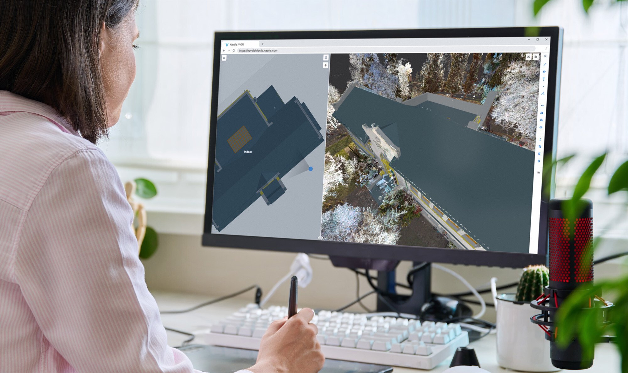nuage de points et modèle BIM d'un bâtiment présenté dans NavVis IVION